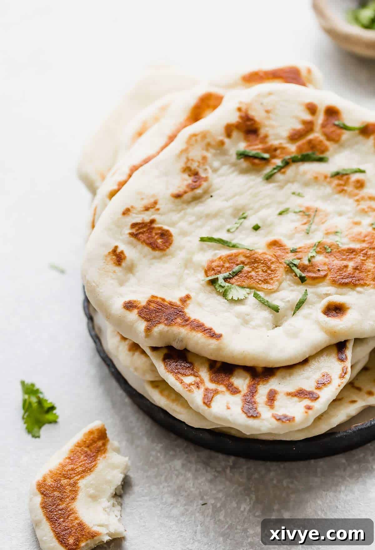 Fluffy naan bread recipe made with yeast and greek yogurt, on a white background.