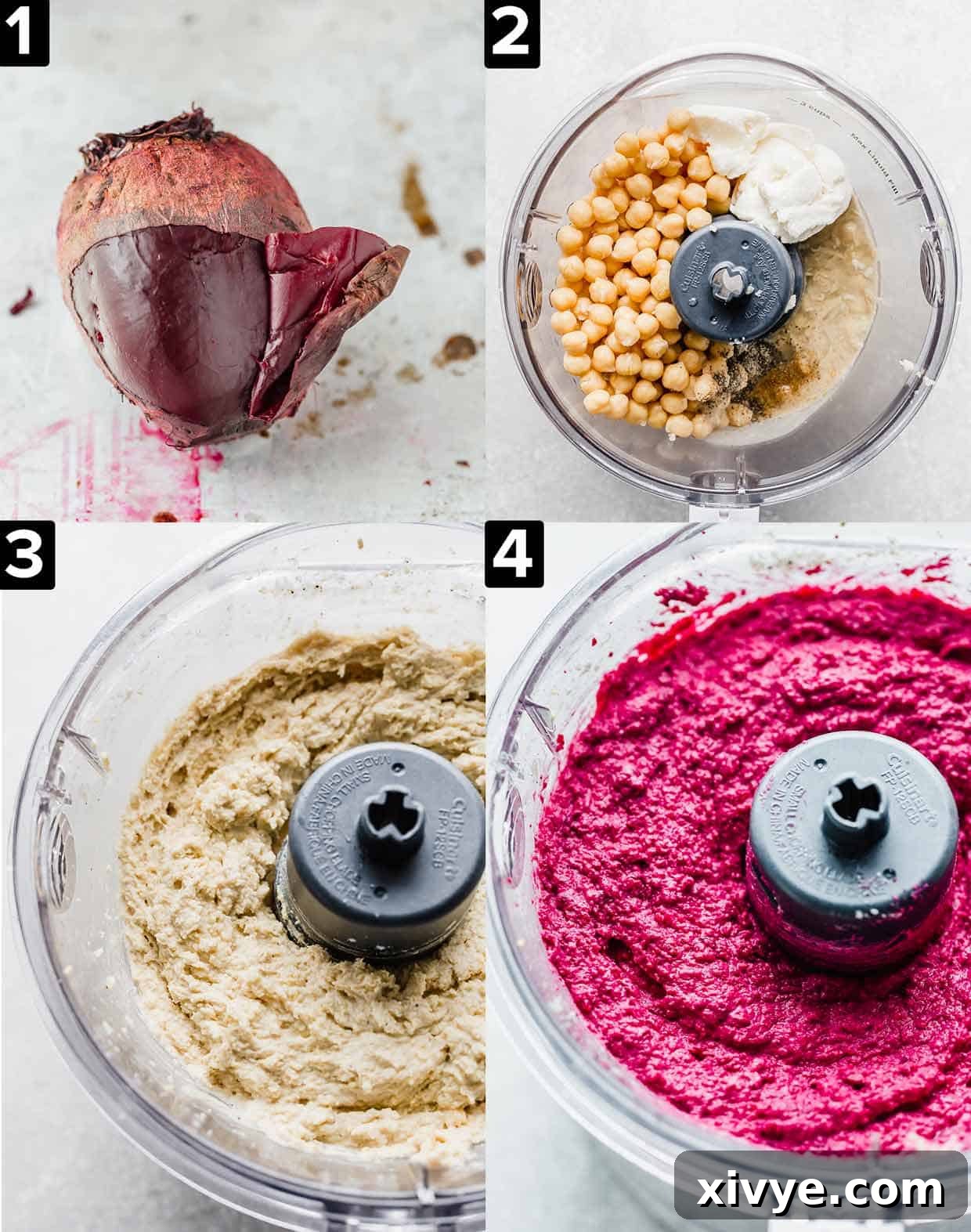 Four images showing how to make Beet Hummus. Top left is a baked beet with the skin coming off. Top right image is chickpeas, tahini, and ricotta in a food process. Bottom left is mixture just stated mixed. Bottom right tis bright purple Beet Hummus in a food processor.