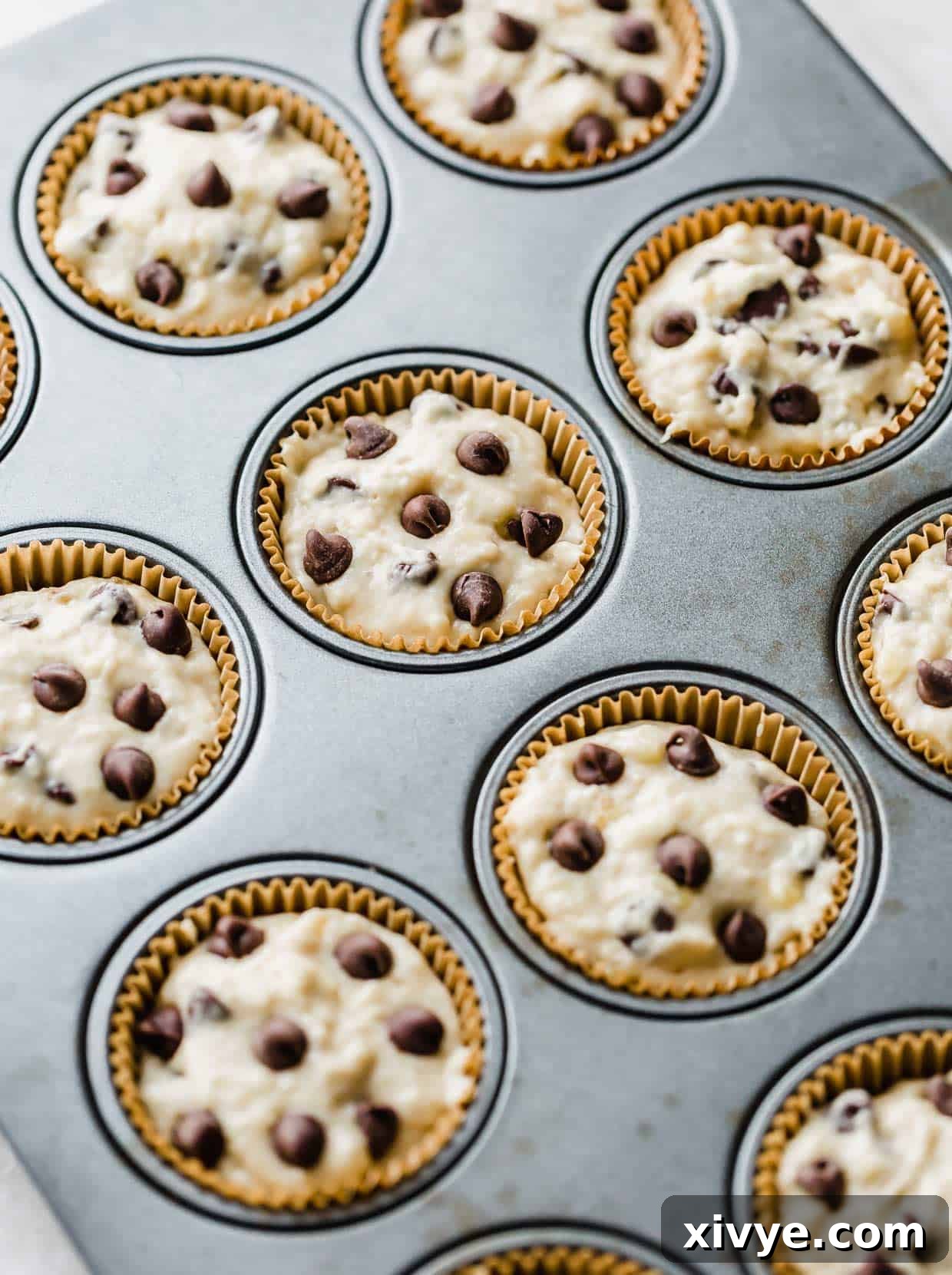 Buttermilk banana chocolate chip muffin batter generously filled into each cavity of a metal muffin tin, topped with extra chocolate chips, ready for baking.