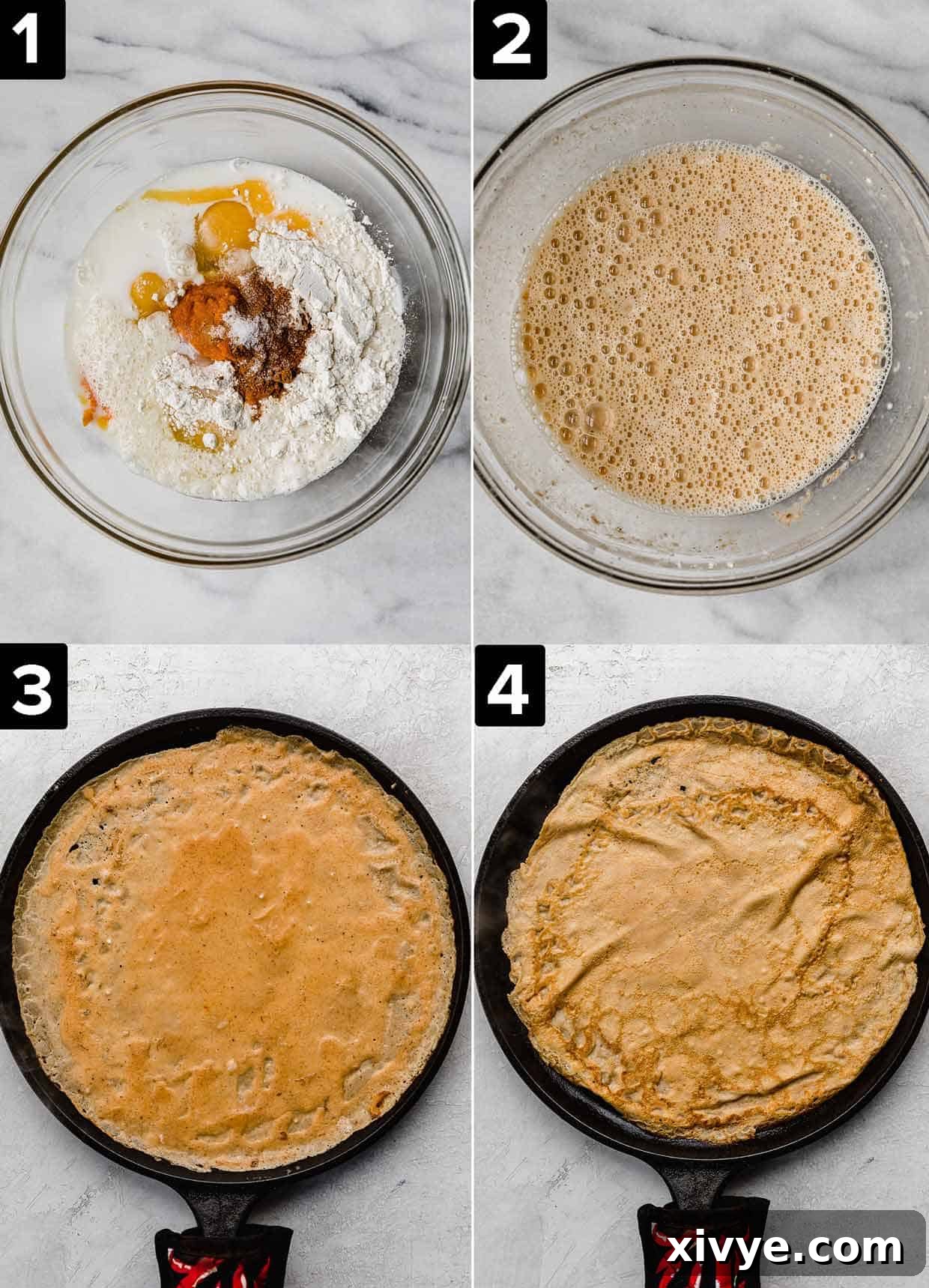 Golden Pumpkin Crepes 4 Four photos showing how to make pumpkin crepes, photos from top left to bottom right: ingredients in glass bowl, pumpkin crepe batter in glass bowl, pumpkin crepe on black skillet, golden cooked crepe on skillet.