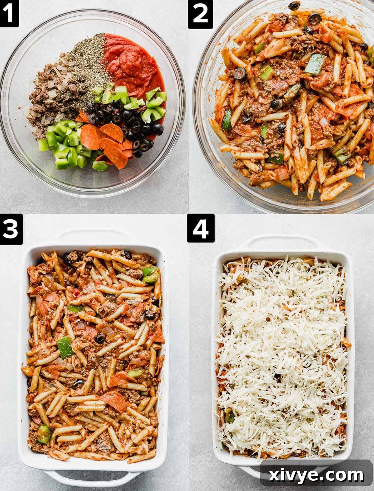 Four images showing how to make a Deconstructed Pizza Casserole.