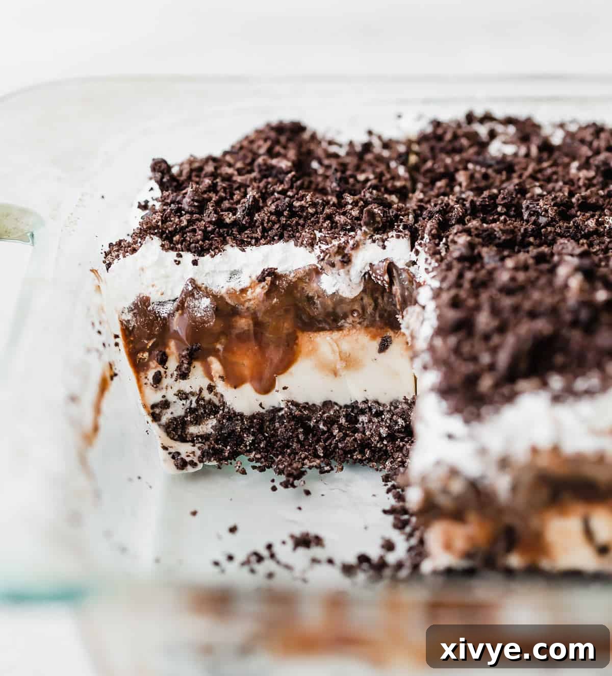 Dreamy Oreo Ice Cream Cake 7 Oreo Ice Cream Cake in a glass baking dish against a white background, showcasing its delicious layers.