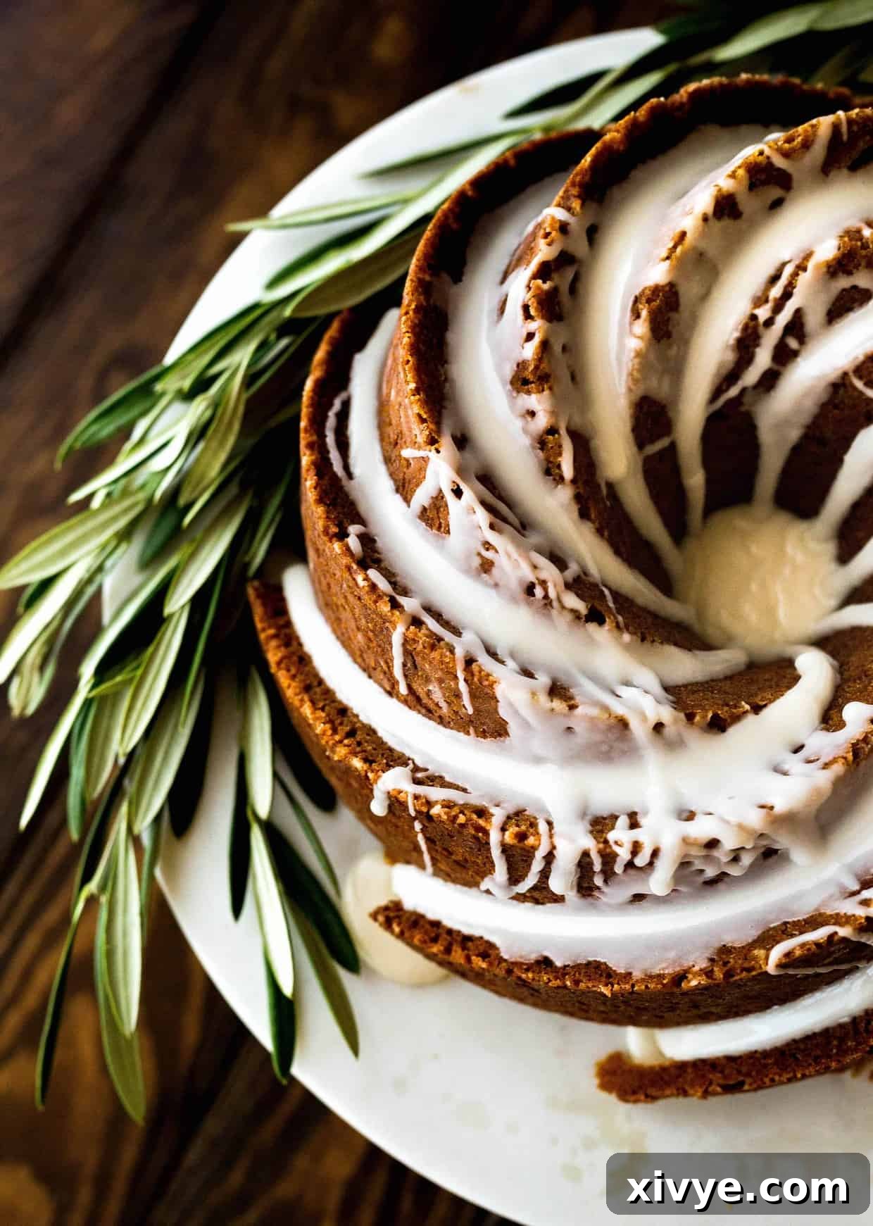 Top view of a gingerbread bundt cake with maple glaze, ready to be served.