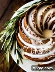 Top view of a gingerbread bundt cake with maple glaze.