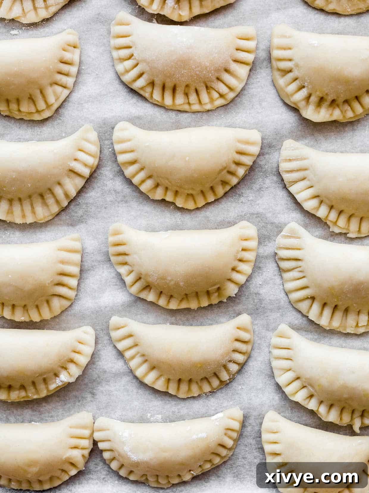 Sour Cream pierogie dough shaped into pierogies, on a baking sheet.