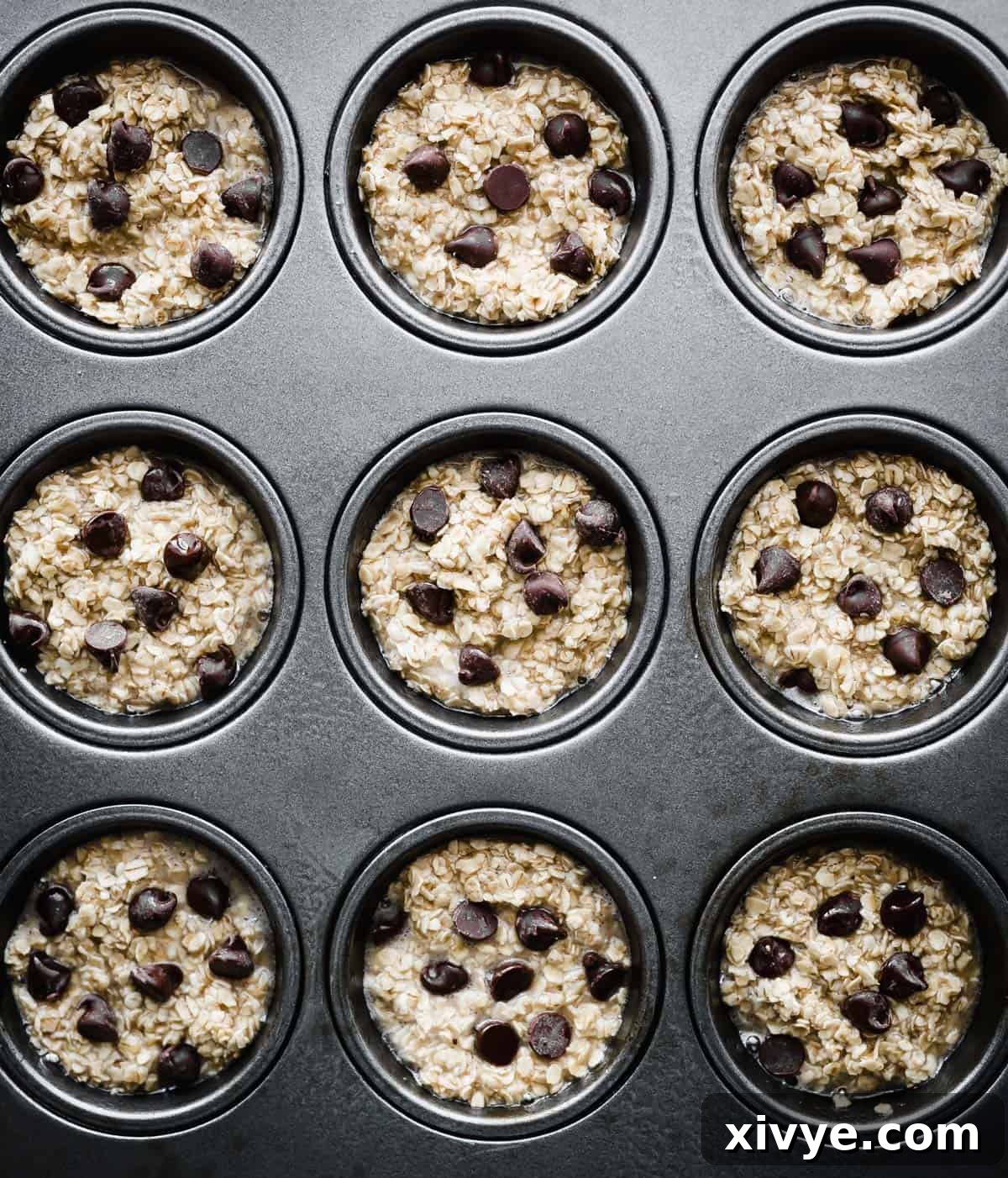 Baked Oatmeal Cups in a muffin tin topped with chocolate chips.