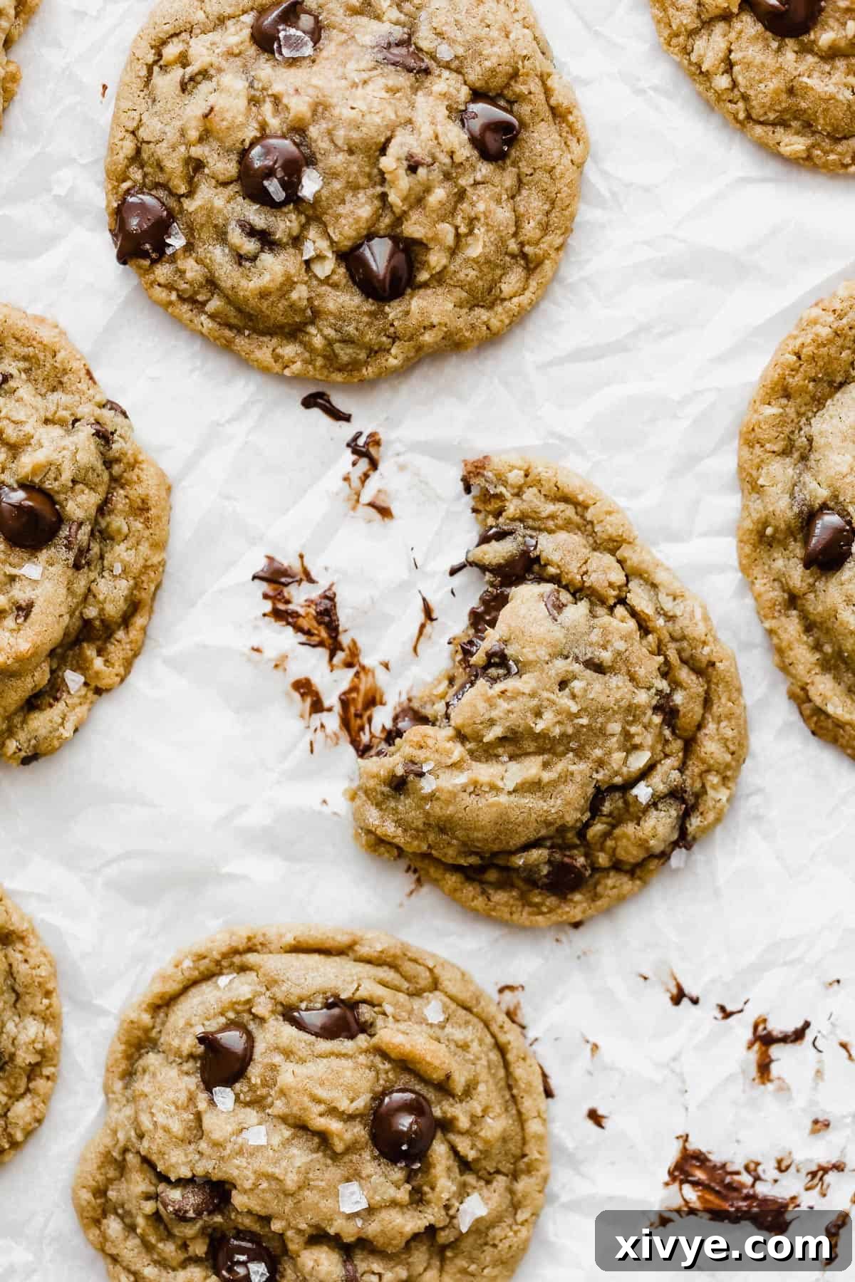 Caramelized Butter Chocolate Chip Cookies 11 A close-up shot of a perfectly baked Brown Butter Chocolate Chip Cookie with another cookie, half-eaten, suggesting its irresistible taste.