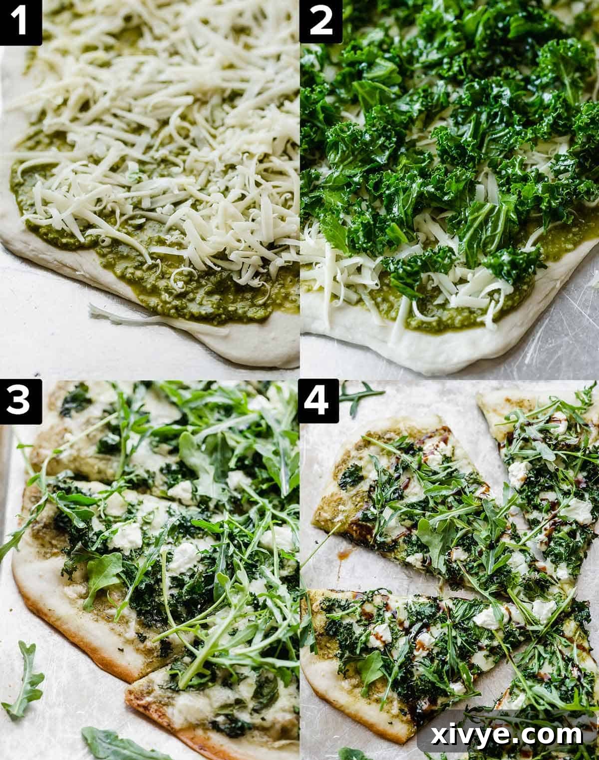 A four-panel image illustrating the step-by-step process of preparing a kale pizza, from dough to fully topped and ready for the oven.