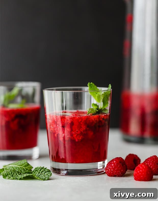 A refreshing glass of raspberry mojito with a fresh mint leaf, and a pitcher of the drink visible in the background.
