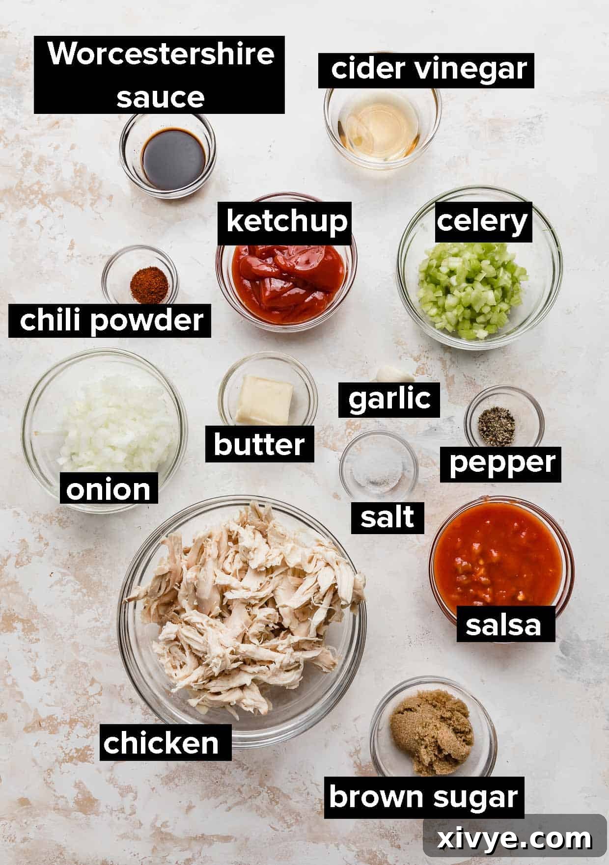 A vibrant display of fresh ingredients used to make the homemade BBQ sauce and filling for the BBQ chicken sandwiches.