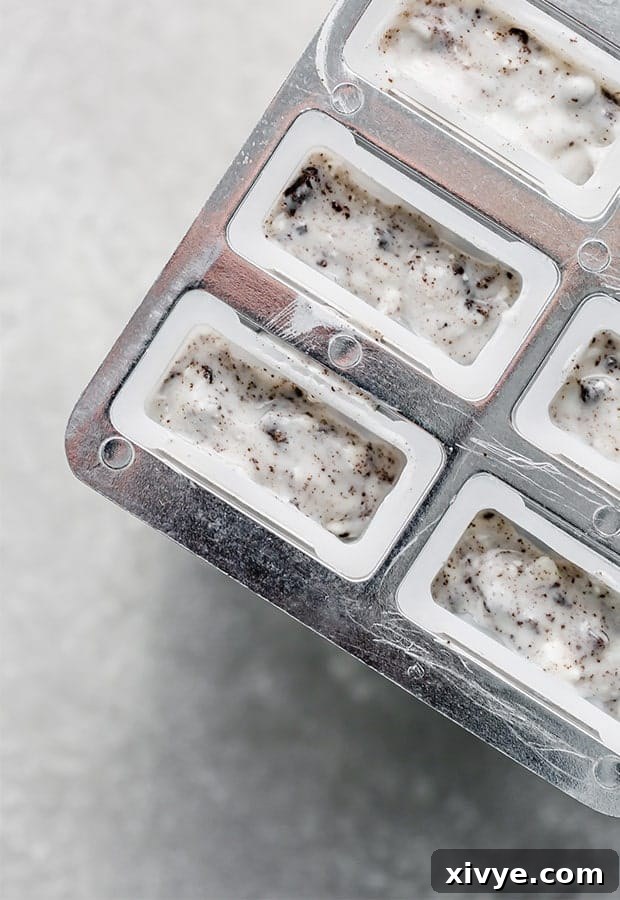 Decadent Cookies and Cream Pops 7 A popsicle mold filled with the Cookies and Cream mixture, ready for freezing.