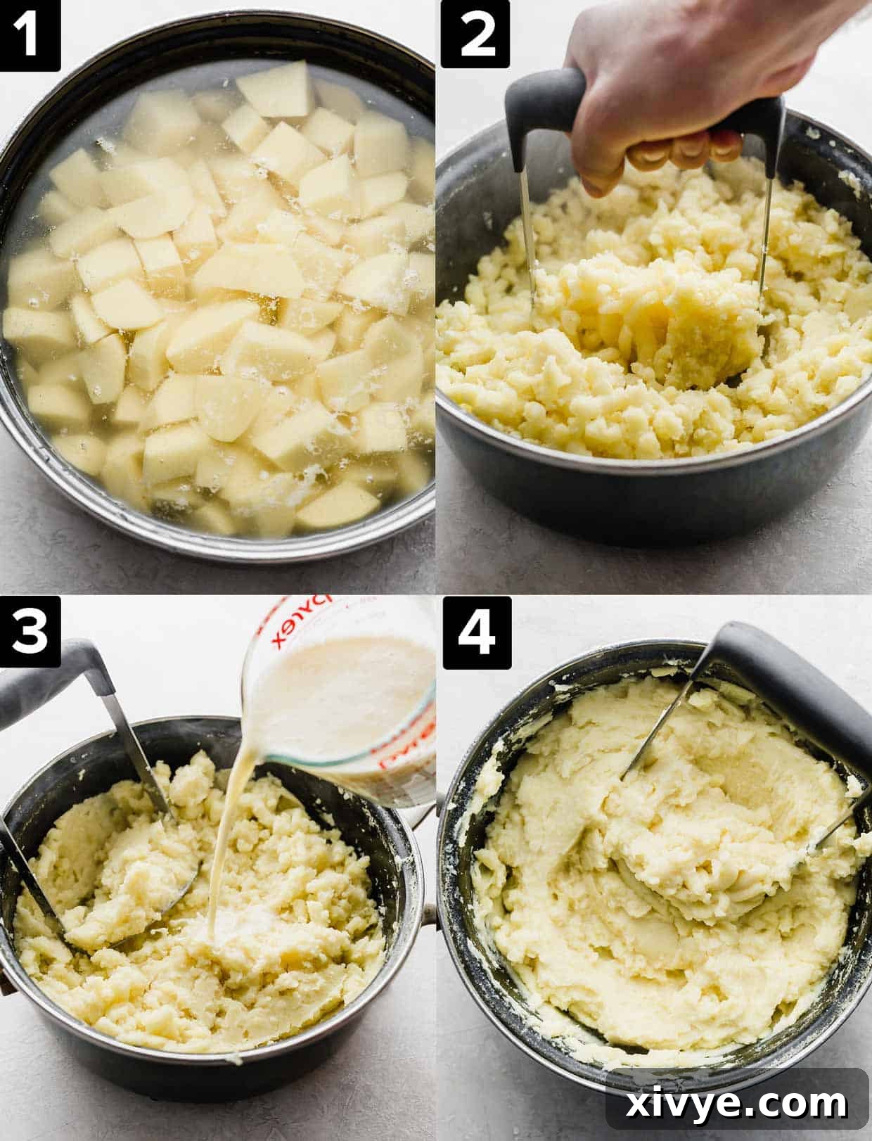 Four photos showing how to make the best homemade mashed potatoes with half and half, Yukon gold potatoes, and butter, detailing the cooking and mashing process.