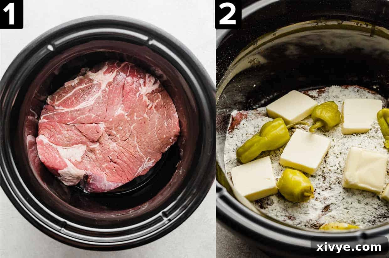 Two images side-by-side: The left image shows a raw chuck roast in a black crockpot with water. The right image shows the roast covered with ranch seasoning, au jus, pepperoncini, and butter slices, ready for slow cooking.