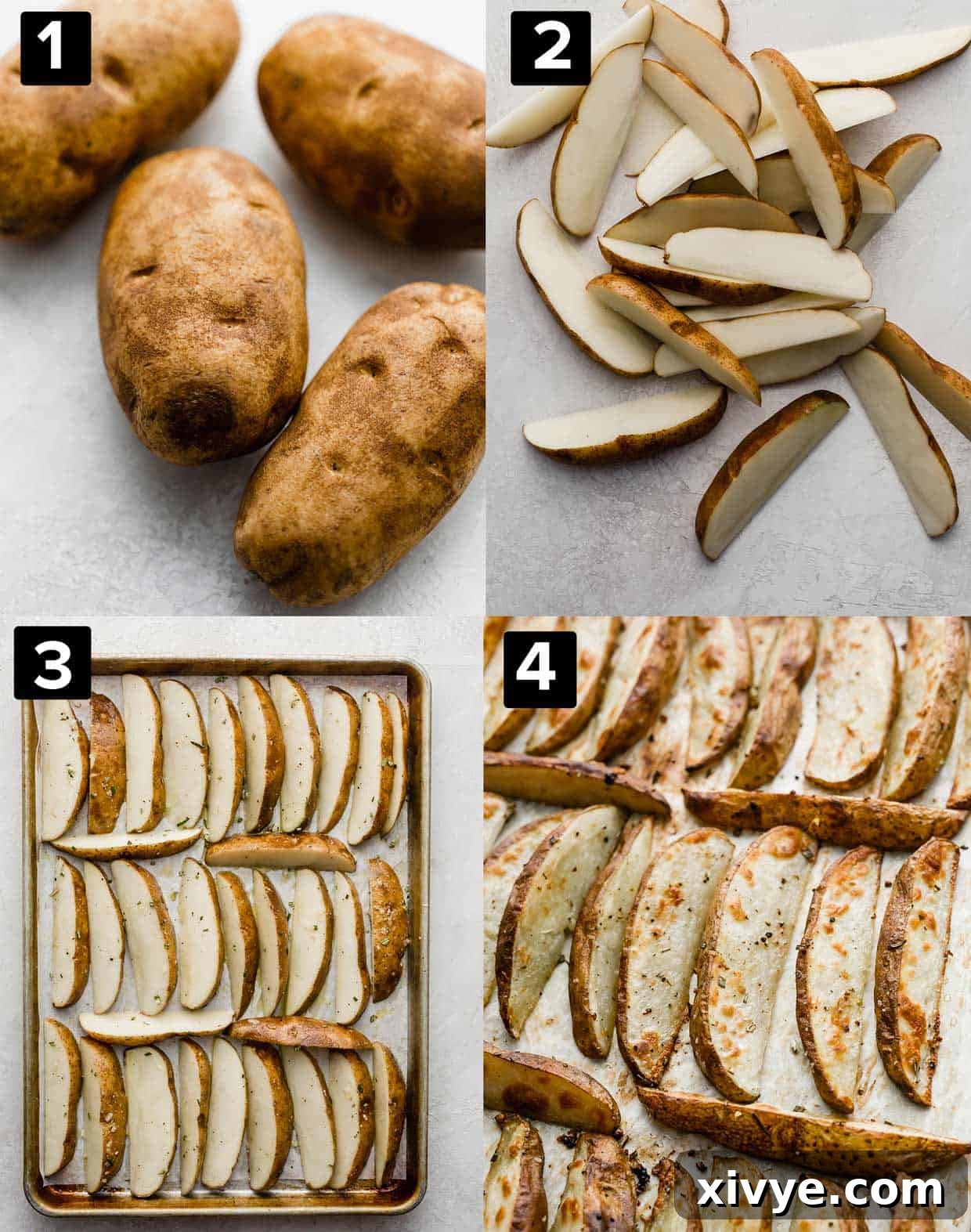 A four photo collage of Crispy Baked Potato Wedges in the making: russet potatoes, russet potatoes sliced into wedges, wedges on a sheet, and baked potato wedges. 