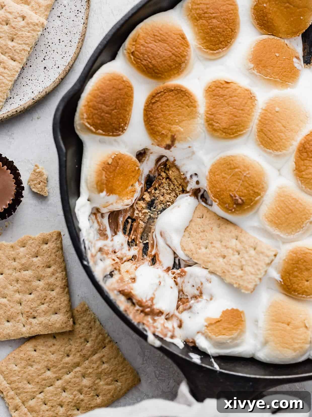 Reese's S'mores in a skillet with a graham cracker scooping into the marshmallows and peanut butter cups.