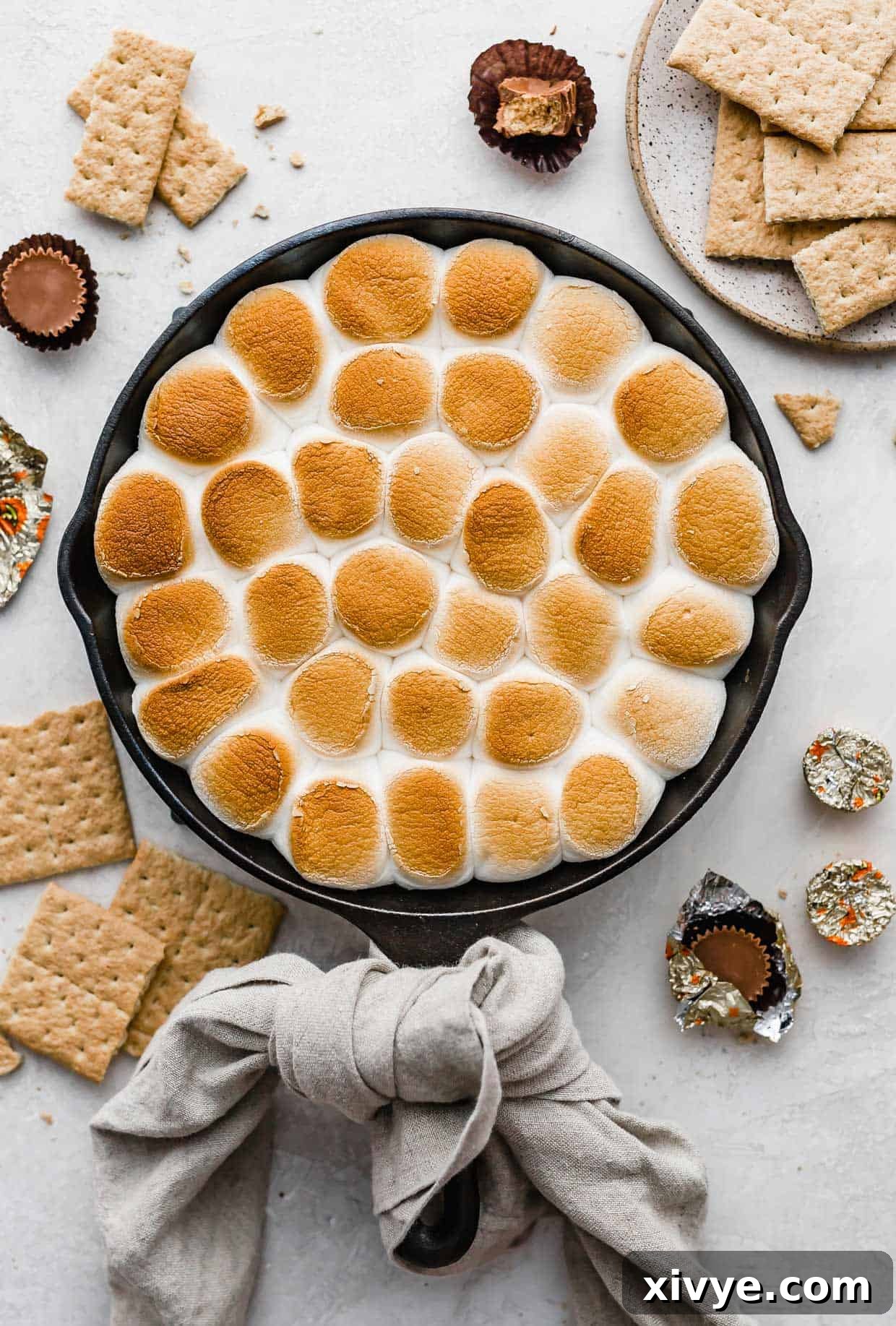 Reese's S'mores baked in a skillet on a light gray background.