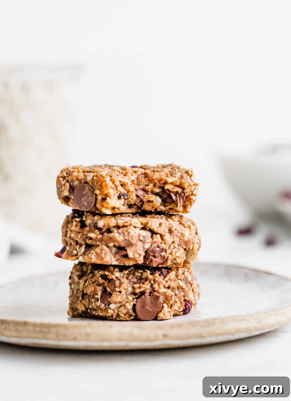 A stack of three healthy breakfast cookies with chocolate and raisins agains a white background.