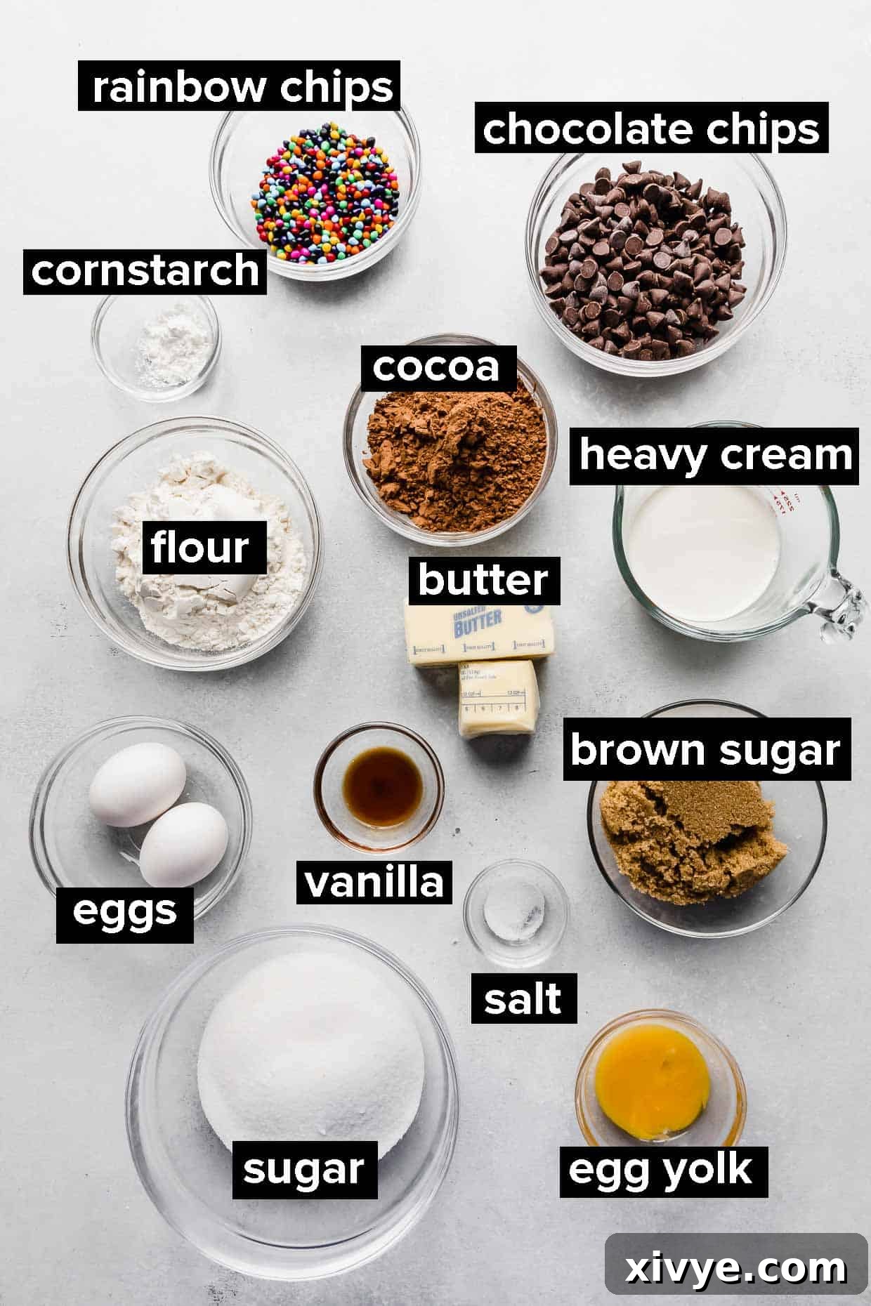 Cosmic Brownie Magic 3 Ingredients used to make cosmic brownies on a white background.