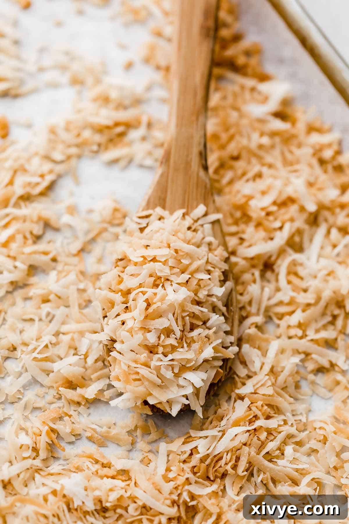 Freshly toasted coconut flakes presented on a rustic wooden spoon, highlighting their beautiful golden color.