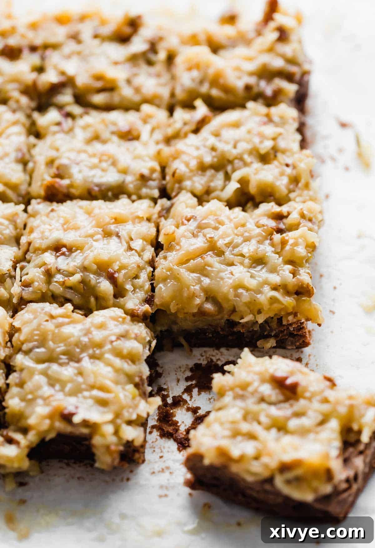 German Chocolate Brownies topped with a coconut pecan frosting, on a white background.