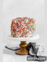 A festive sprinkle covered Smash Cake Recipe standing proudly on a white marbled cake stand, ready for celebration.