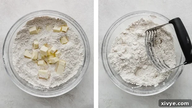 Warm Apple Cinnamon Scones 4 A glass bowl with dry ingredients and cold cubed butter, cut into a crumbly mixture.