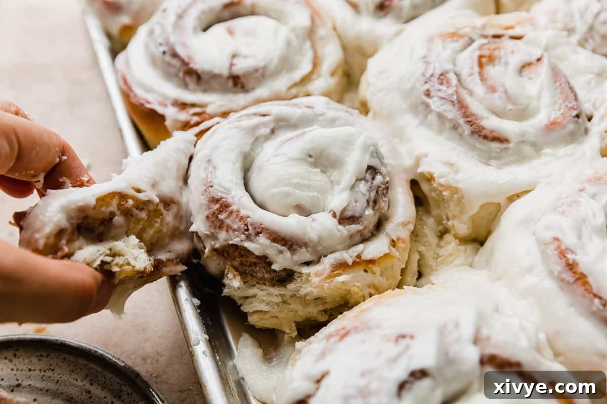 A hand pulling a spiral of cinnamon roll.