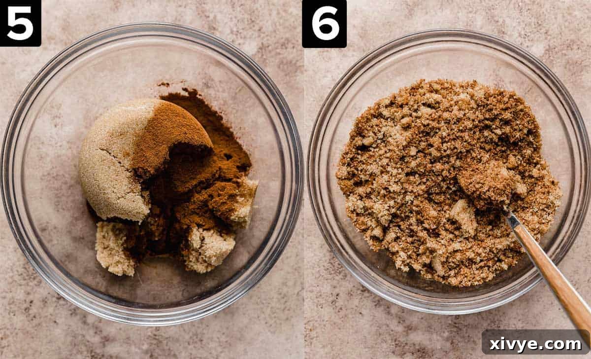 Two photos, left photo has brown sugar and cinnamon in a glass bowl, right photo is a brown sugar and cinnamon mixture stirred together. 