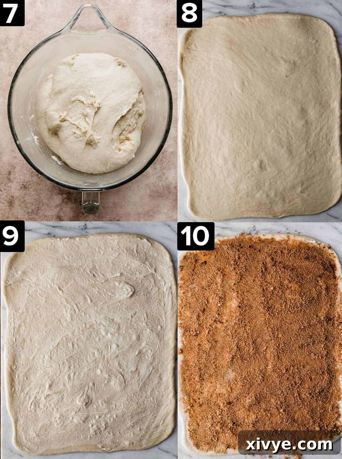 A rectangle of cinnamon roll dough topped with softened butter and a cinnamon sugar mixture. 