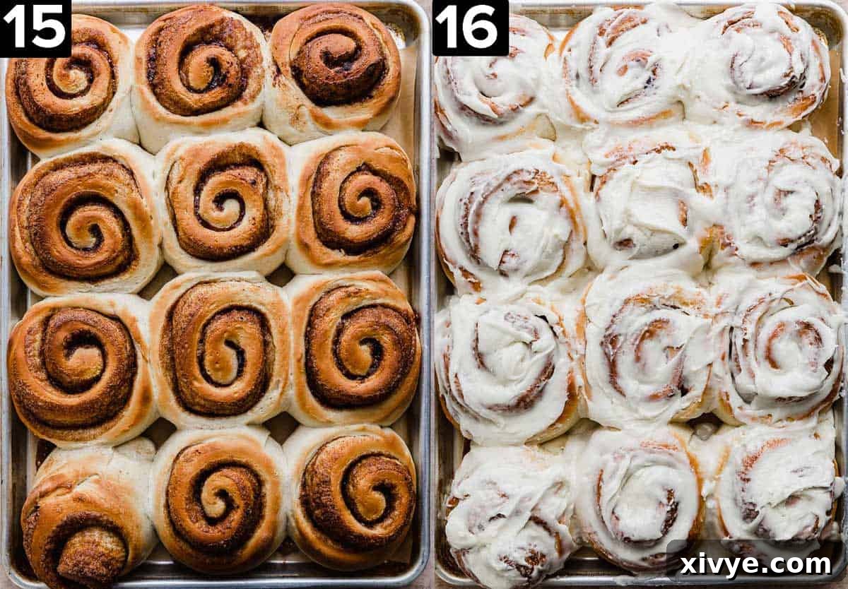 Two side by side images, left photo is of baked easy cinnamon rolls, right photo is a vanilla frosting covered cinnamon rolls on a baking sheet.