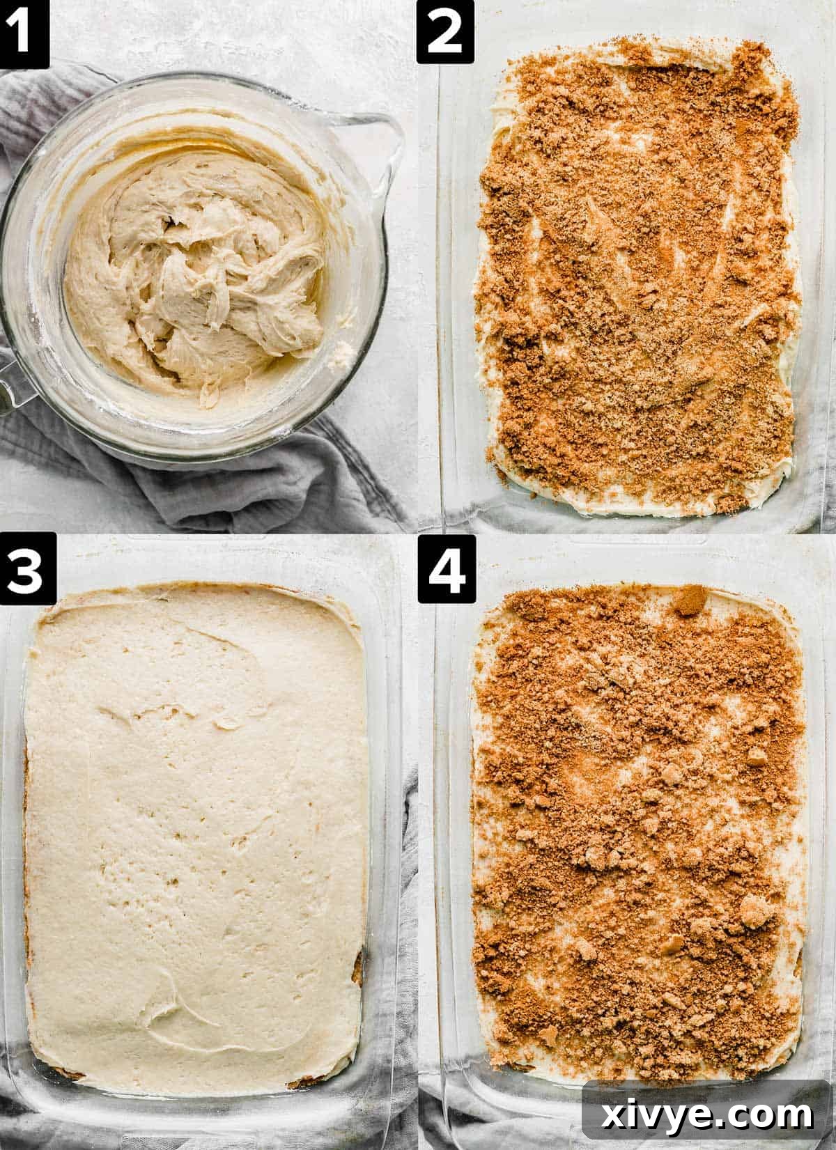 Four images showing the making of a Cinnamon Roll Cake, top left has Cinnamon Roll Cake batter in a glass bowl, top right has cinnamon sugar coated cake batter, bottom left and bottom right is the Cinnamon Roll Cake in a rectangle pan, with one image showing the swirling process.
