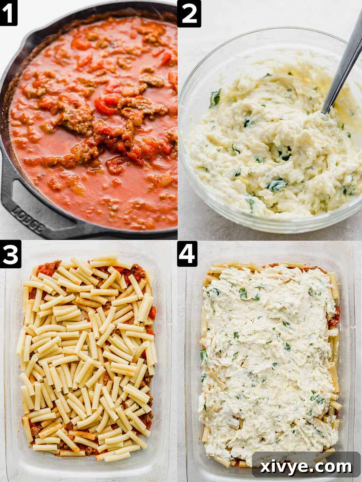 Comforting Sausage Ziti Bake 4 Four images showing how to make an Easy Baked Ziti Recipe: browned sausage and red sauce, a bowl of ricotta mixture, and a glass casserole dish being layered with noodles and sauce.