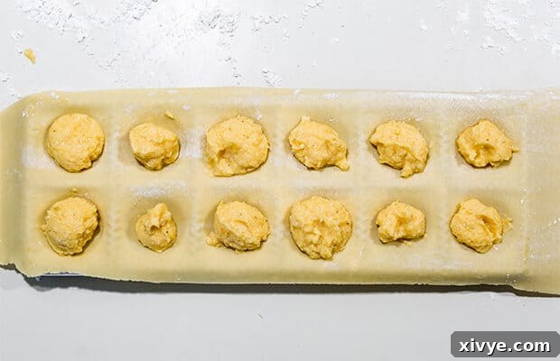 Mastering Ravioli Making 6 A sheet of Ravioli dough over a ravioli mold with a butternut squash filling in each mold.