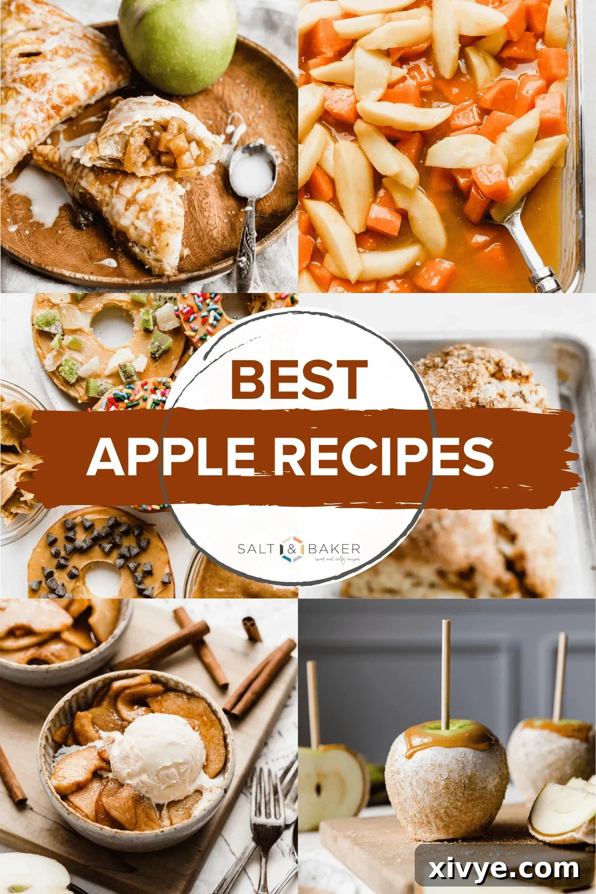 A vibrant collage of fall apple recipes including a golden apple pie, rich caramel apples, colorful apple snacks, and savory candied apple yams, showcasing the diverse uses of apples.