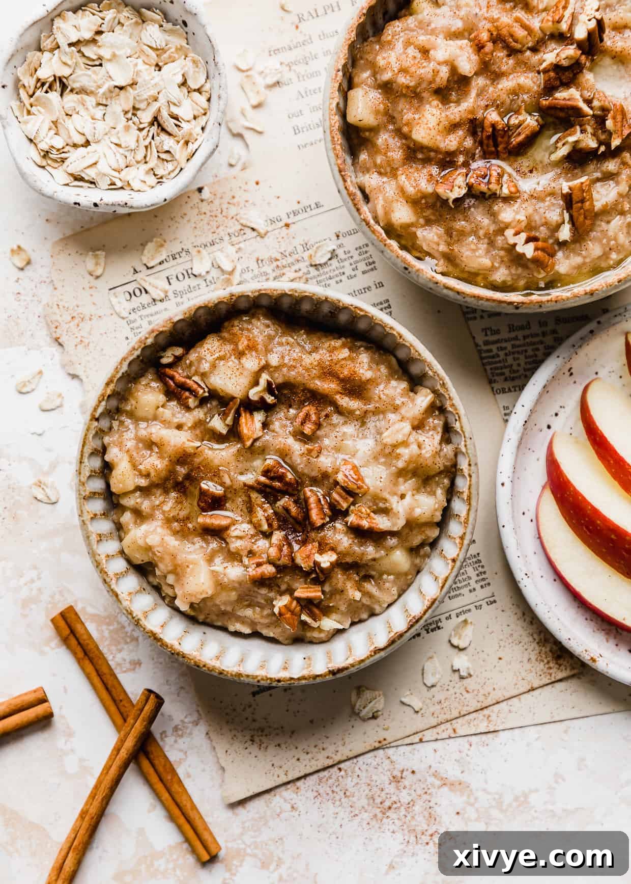 A inviting bowl of homemade Apple Cinnamon Oatmeal, garnished with a sprinkle of chopped pecans and a dusting of cinnamon for added flavor and texture.
