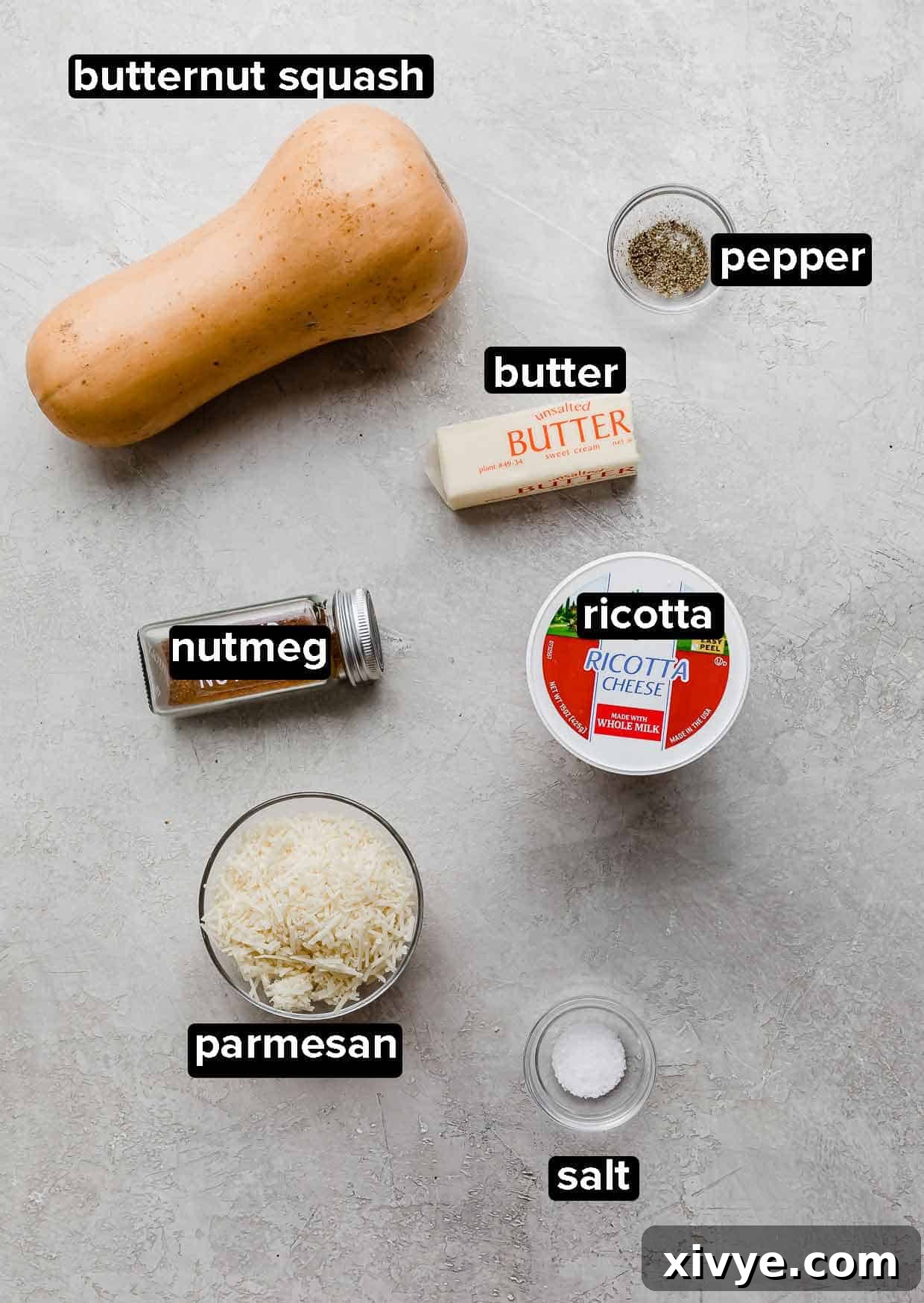 Butternut Squash Ravioli ingredients on a light gray background.