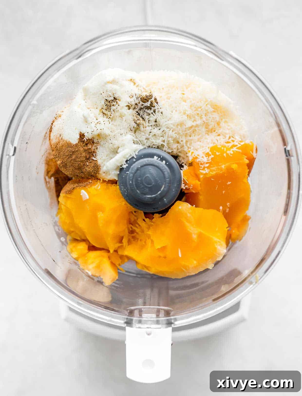 Butternut Squash Ravioli filling ingredients in a food processor.