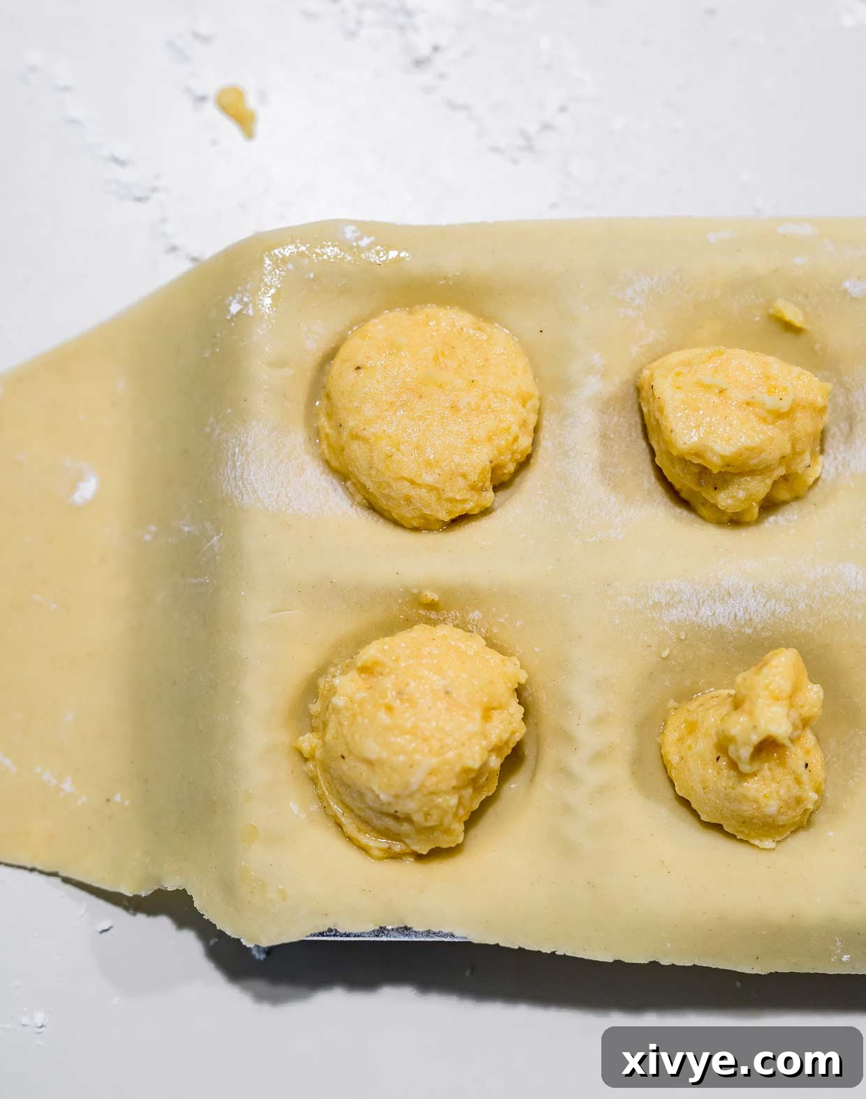 Homemade Butternut Squash Ravioli filling in ravioli tin cavities.