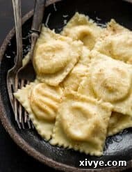 Butternut Squash Ravioli in a black bowl.