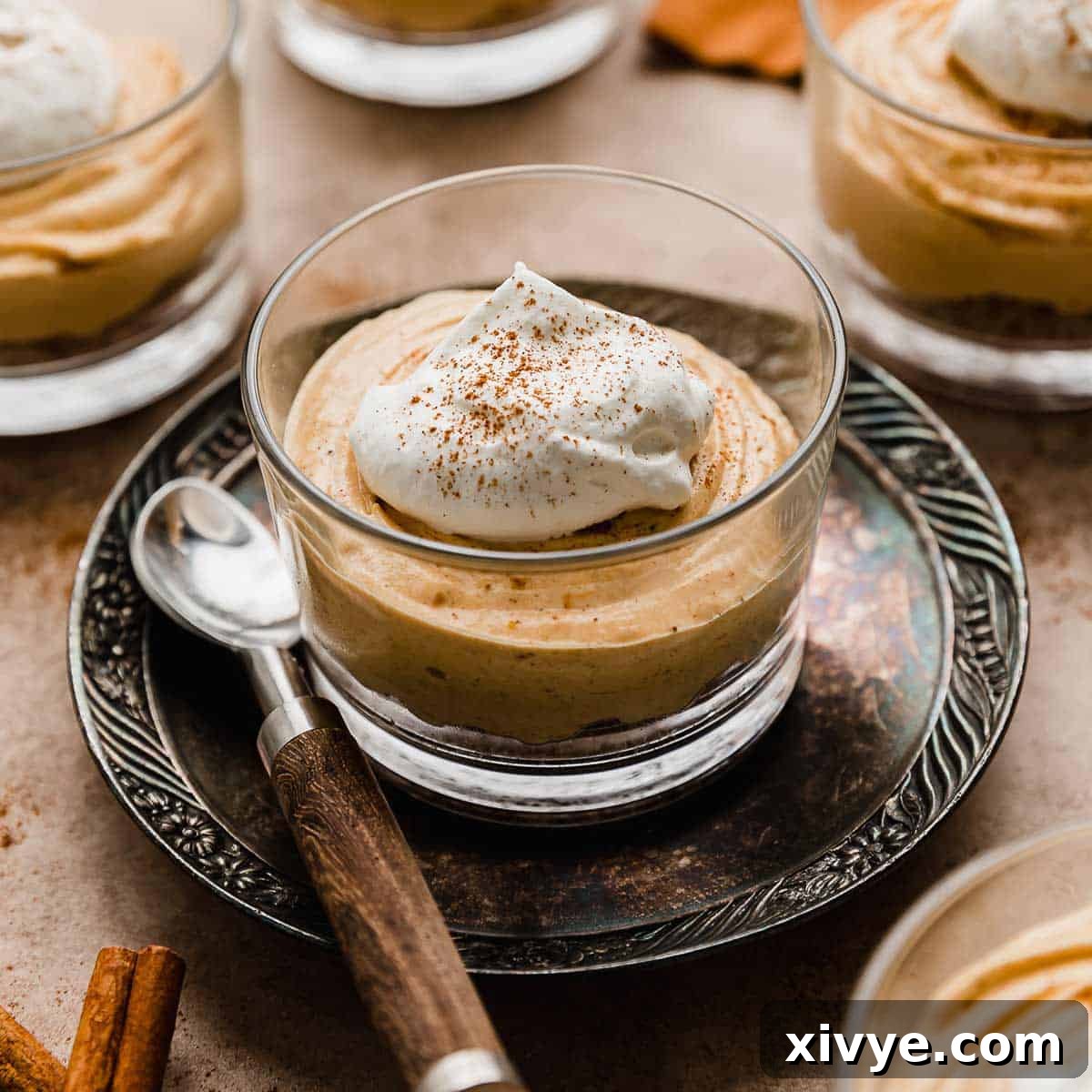 Mini No-Bake Pumpkin Cheesecake in a glass cup, topped with whipped cream and a sprinkle of pumpkin pie spice, ready to be enjoyed.