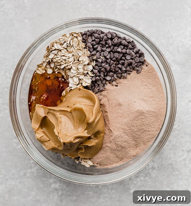 A bowl filled with the dry ingredients for Chocolate Peanut Butter Protein Balls before mixing.