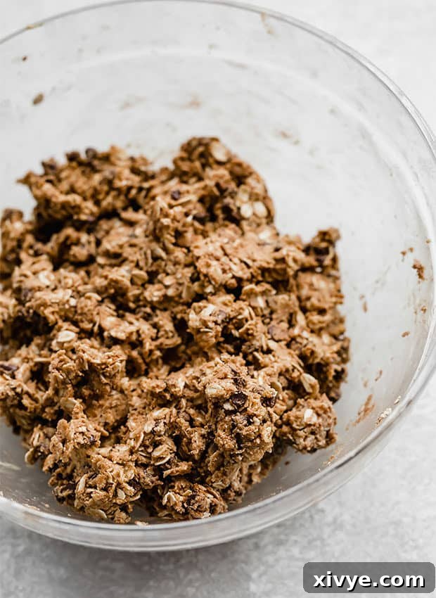 All the ingredients for Chocolate Peanut Butter Protein Balls mixed together in a large glass bowl.
