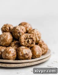 A plate full of Chocolate Peanut Butter Protein Balls.