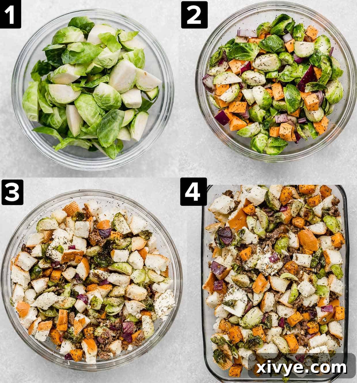 A four-panel image showing the preparation of autumn vegetable stuffing: top left, cubed French bread on a baking sheet; top right, browned Italian sausage in a skillet; bottom left, mixed vegetables (Brussels sprouts, sweet potato, red onion) seasoned with herbs; bottom right, vegetables spread on a baking sheet ready for roasting.