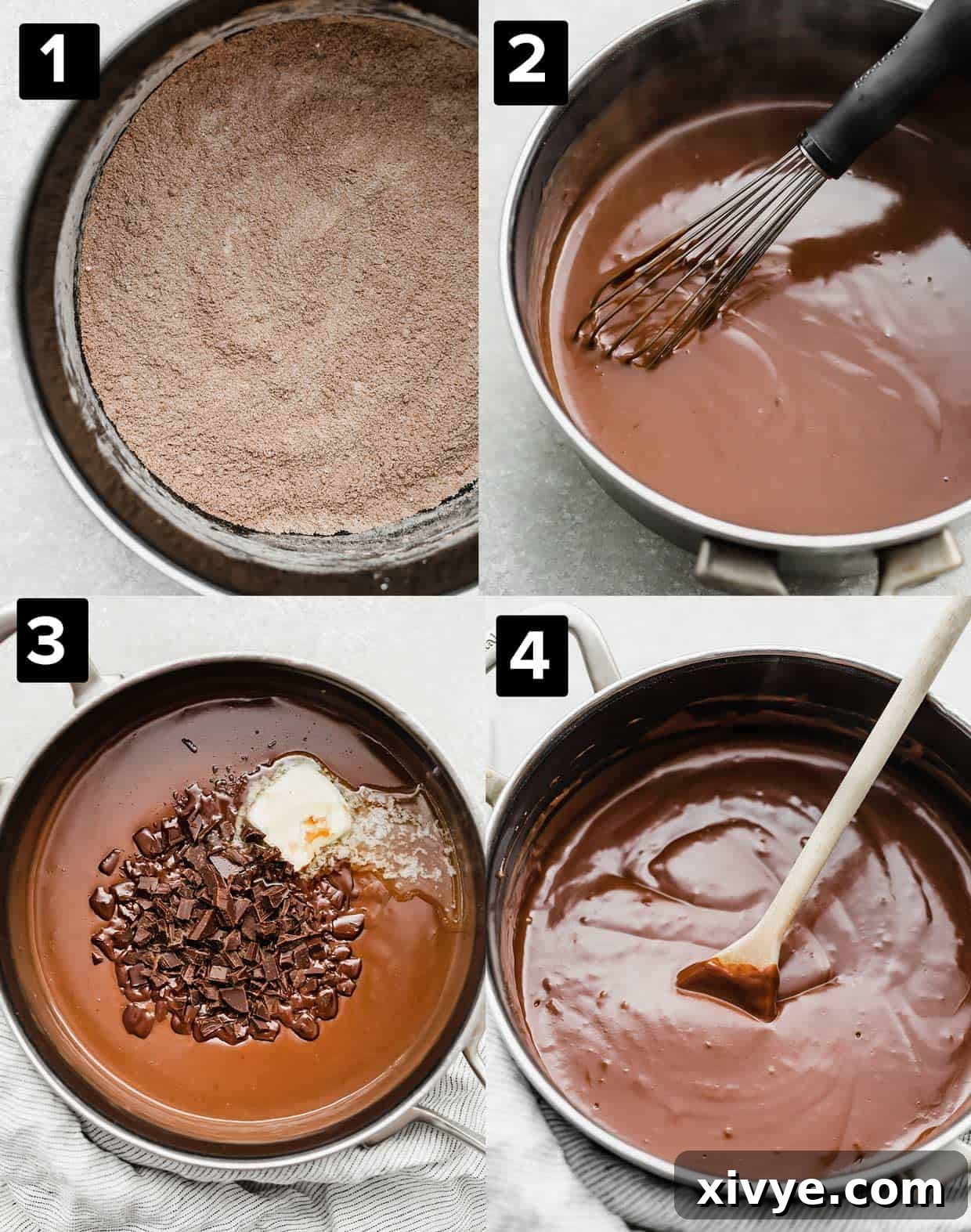 A four-photo collage demonstrating the step-by-step process of making Homemade Chocolate Pudding, from ingredients to finished dessert.