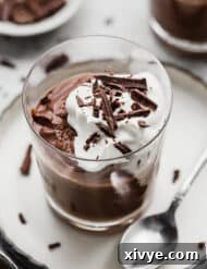 Homemade Chocolate Pudding topped with whipped cream and chocolate shavings on a circle plate.