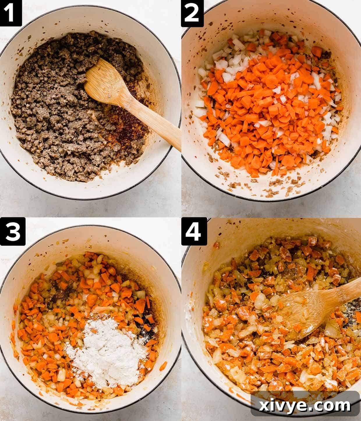 Hearty Italian Sausage Tortellini Soup 4 Four photos illustrating how to make Sausage Tortellini Soup.