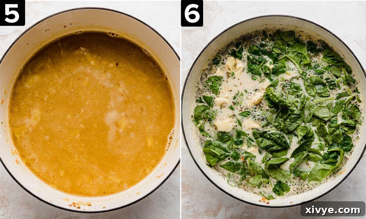 Hearty Italian Sausage Tortellini Soup 5 Two photos, left photo is a white pot filled with chicken broth, right photo has tortellini and spinach and sausage in a white pot.