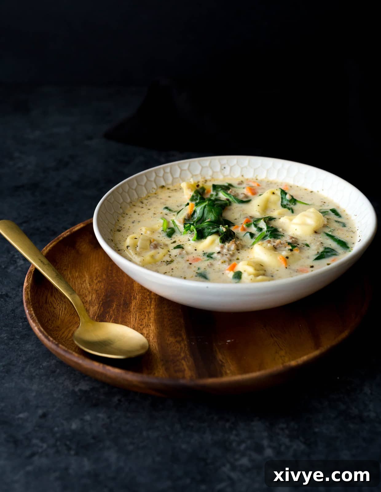 Hearty Italian Sausage Tortellini Soup 7 Side angle of a bowl of sausage tortellini soup.