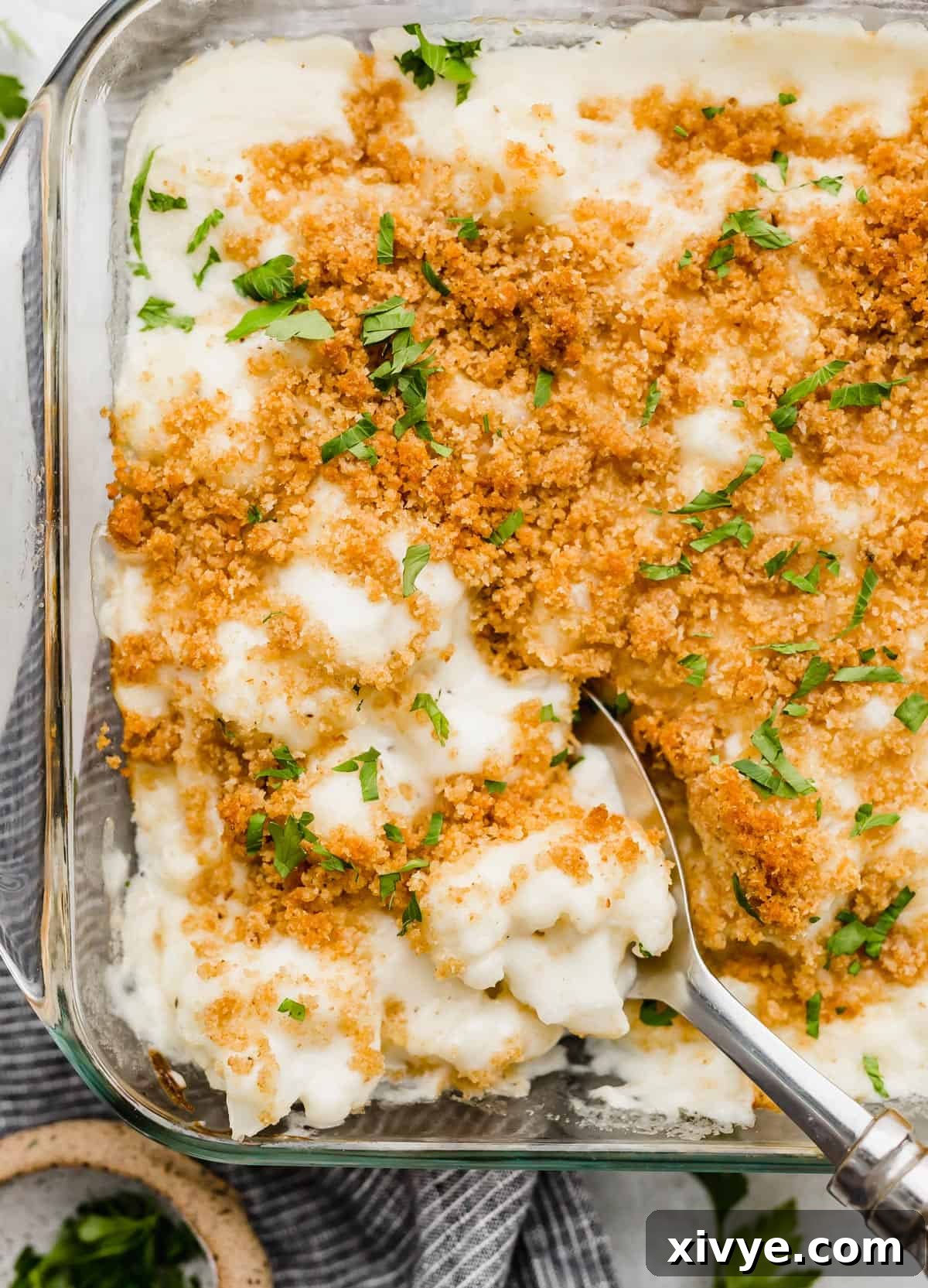 Golden breadcrumb topped Cauliflower Gratin in a baking dish.